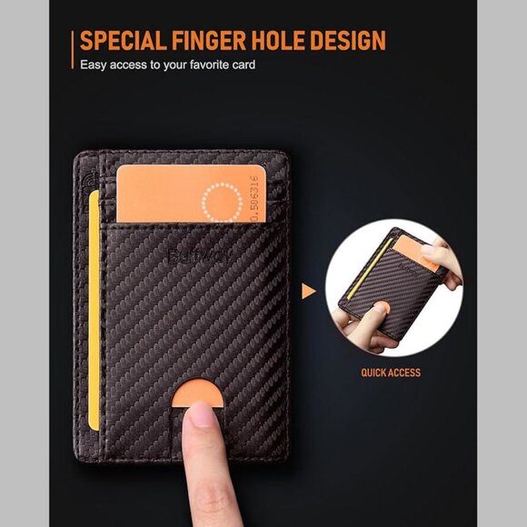 Slim Minimalist Front Pocket RFID Blocking Leather Wallets Carbon Fiber Coffee - Picture 5 of 7